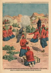 Artilleros marroquíes usando cañones bajo el mando de instructores franceses, ilustración de 